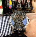 Copy Roger Dubuis Excalibur 46 Skeleton Men Watch SS Black Leather Strap